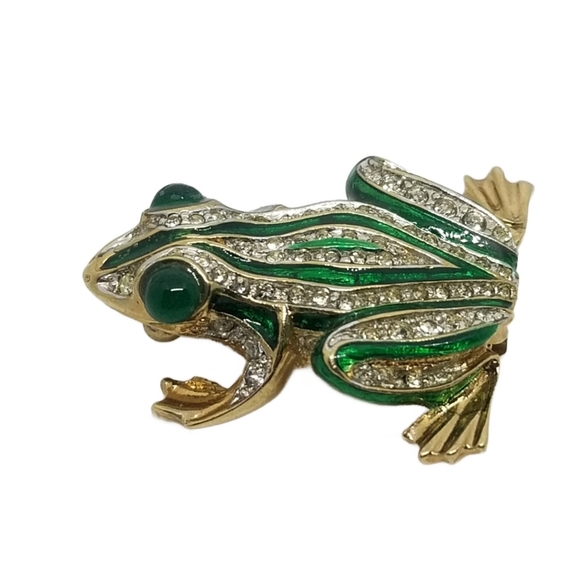 CAROLEE VINTAGE 1980s RARE GOLDTONE, GREEN ENAMEL & RHINESTONE FROG PIN - Picture 3 of 5